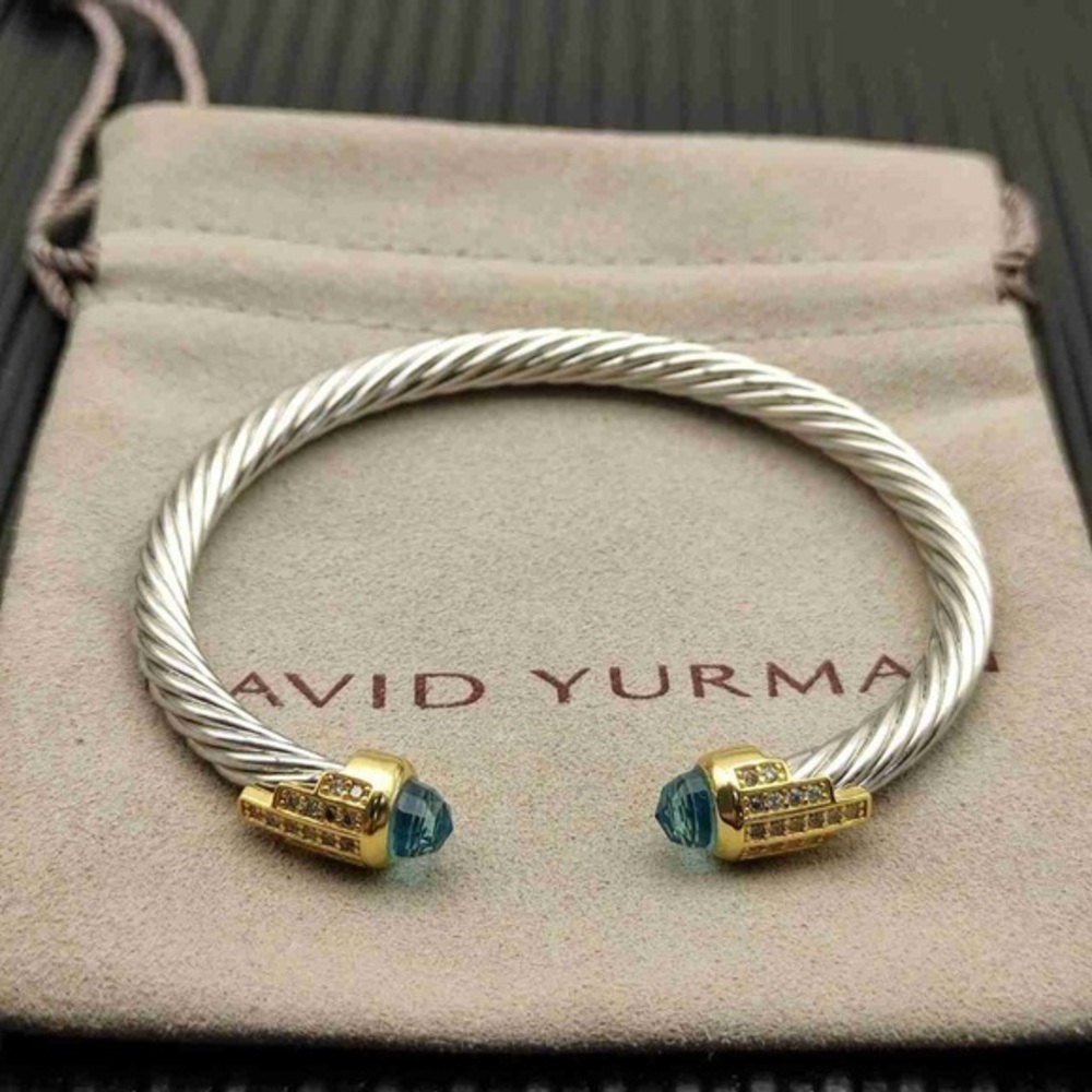 David Yurman 5mm Silver Cable Cuff Bracelet with Blue Topaz & Diamonds